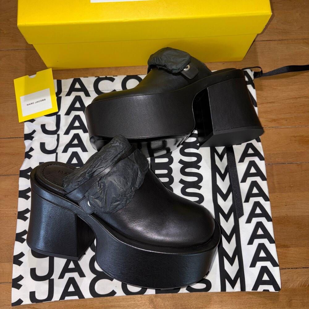 Marc Jacobs The J Marc Black Leather Platform Clogs Mules Heels Size US 9W